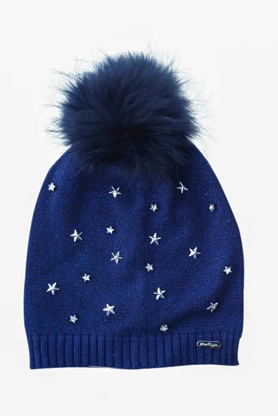 NWT Bari Lynn Girls Studded Star Beanie Navy Fox Fur PomPom, Kids Youth